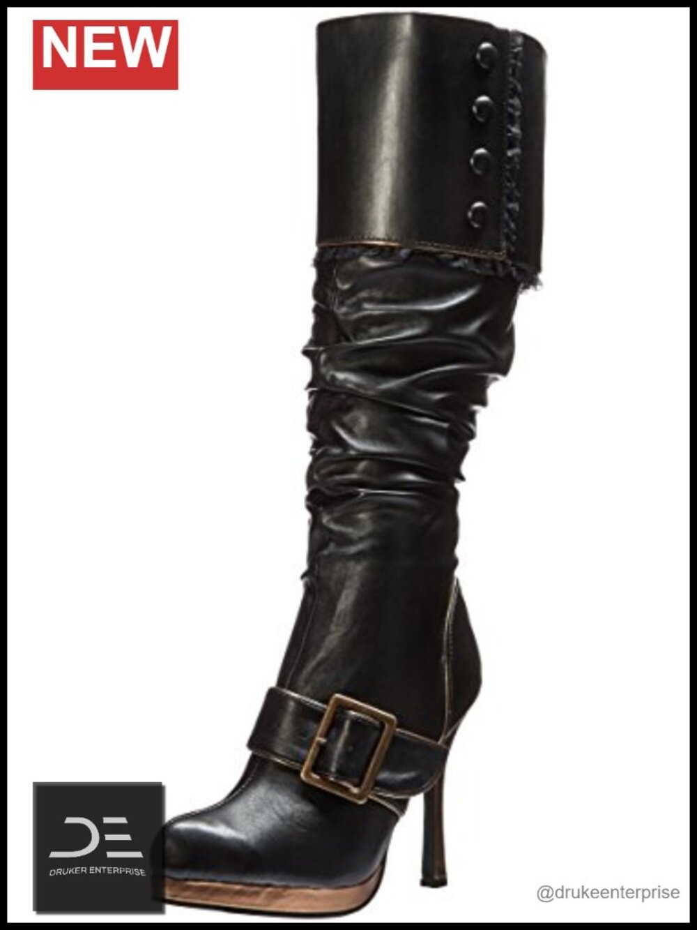 Women's Mid-Calf Pirate Boots with Block Heel & Buckle - Leather